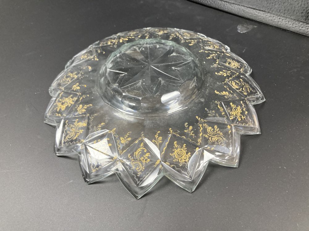 A 19th century Continental gilded glass petal-lobed dish, 24.5cm
